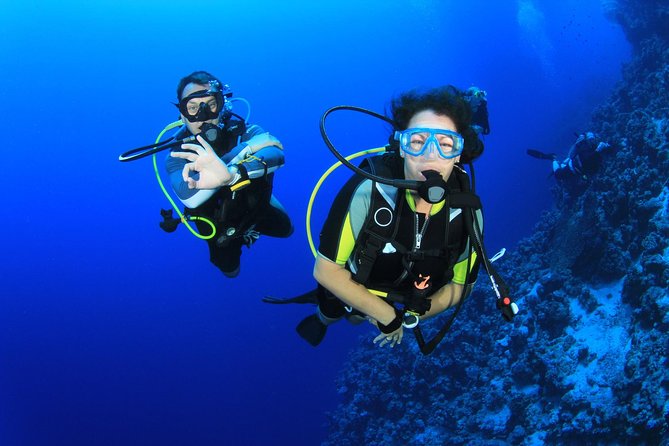 European travelers snorkeling and diving in the Red Sea with colorful coral reefs and tropical marine life